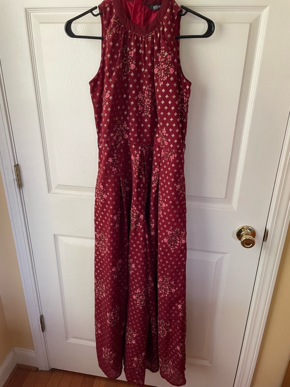Indya Jumpsuit Size S Burgundy Floral Metallic Wide Leg POCKETS 🌺✨